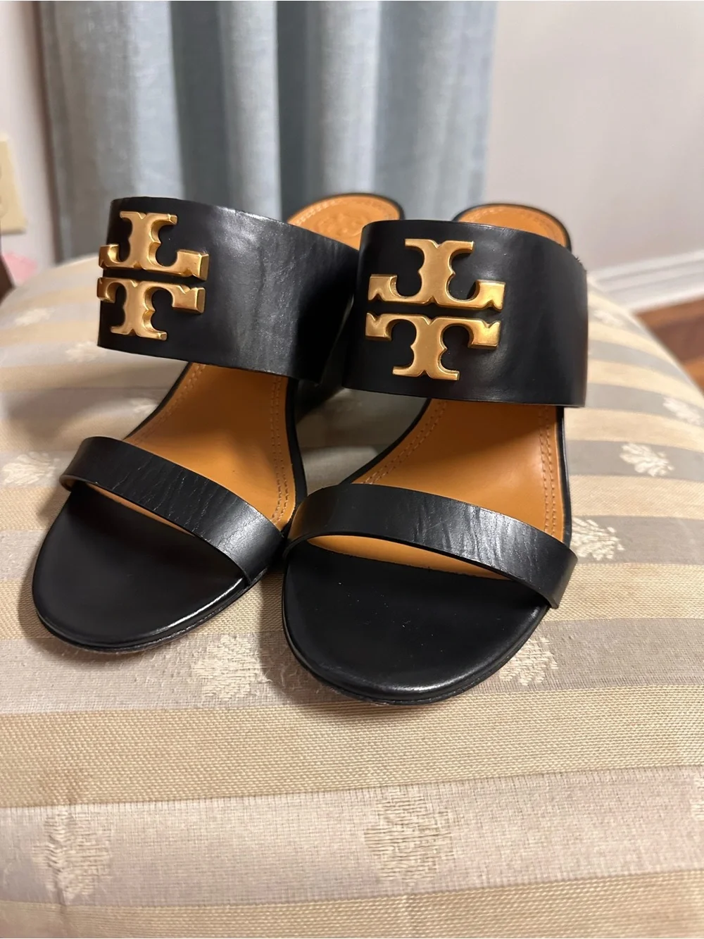 Tory Burch Black Leather Slide Sandals with Gold Logo Medallions